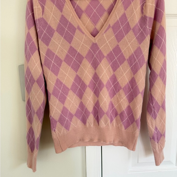 Pringle Of Scotland 100% Cashmere Pink Argyle Crew Neck Sweater Women S Preppy - Picture 3 of 8